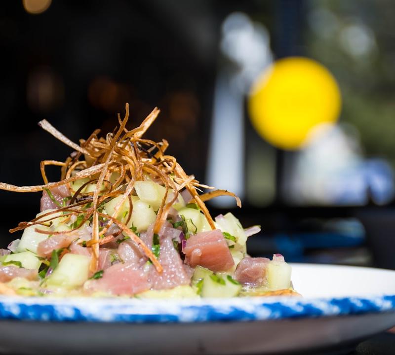 Tuna Ceviche Tostadas with Crispy Leeks