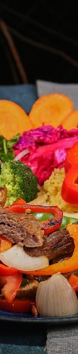 Xinjiang Beef Stir-Fry with Rice & Roasted Veggies