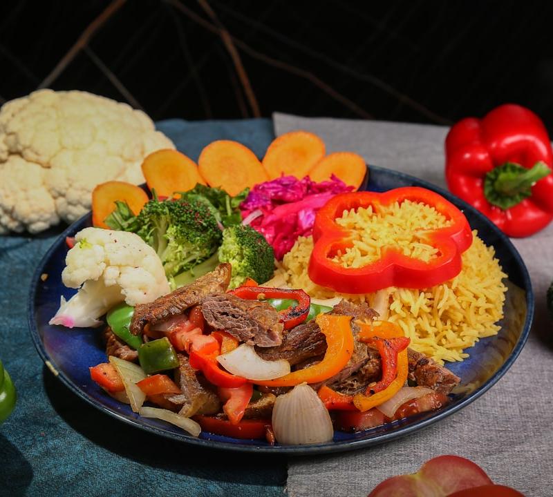 Xinjiang Beef Stir-Fry with Rice & Roasted Veggies