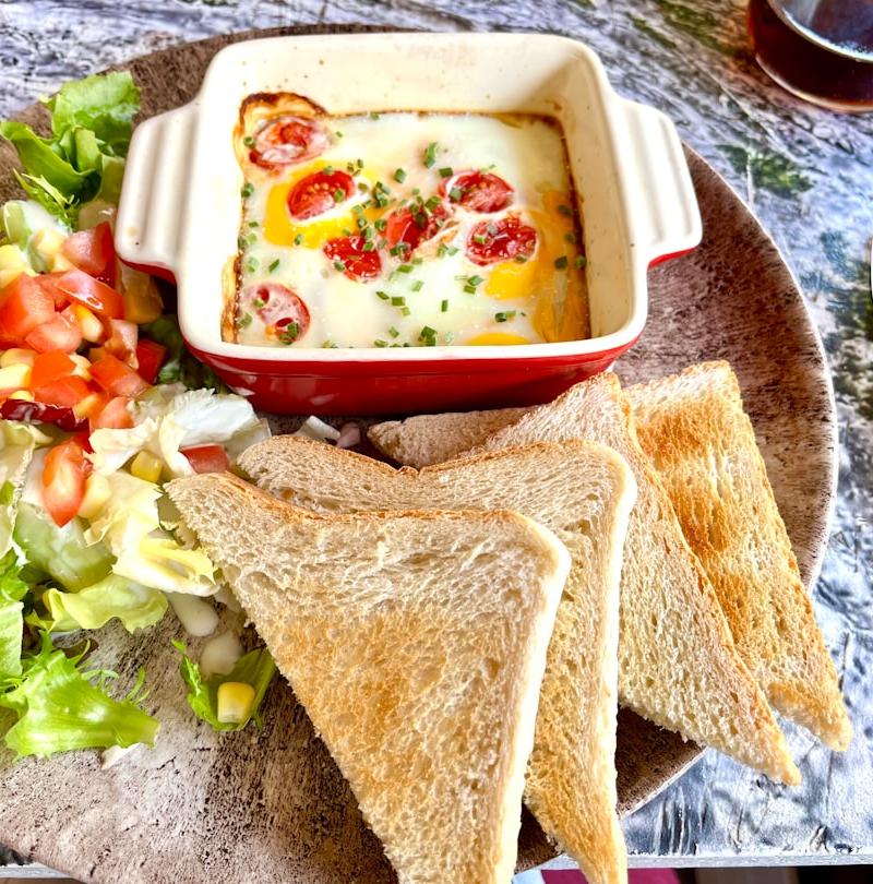 Cheesy Baked Eggs with Toast & Salad