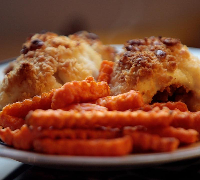 Crispy Baked Chicken Thighs & Sweet Potato Fries
