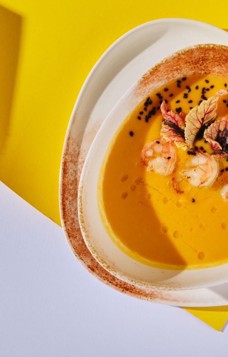 Creamy Pumpkin Soup with Crispy Shrimp