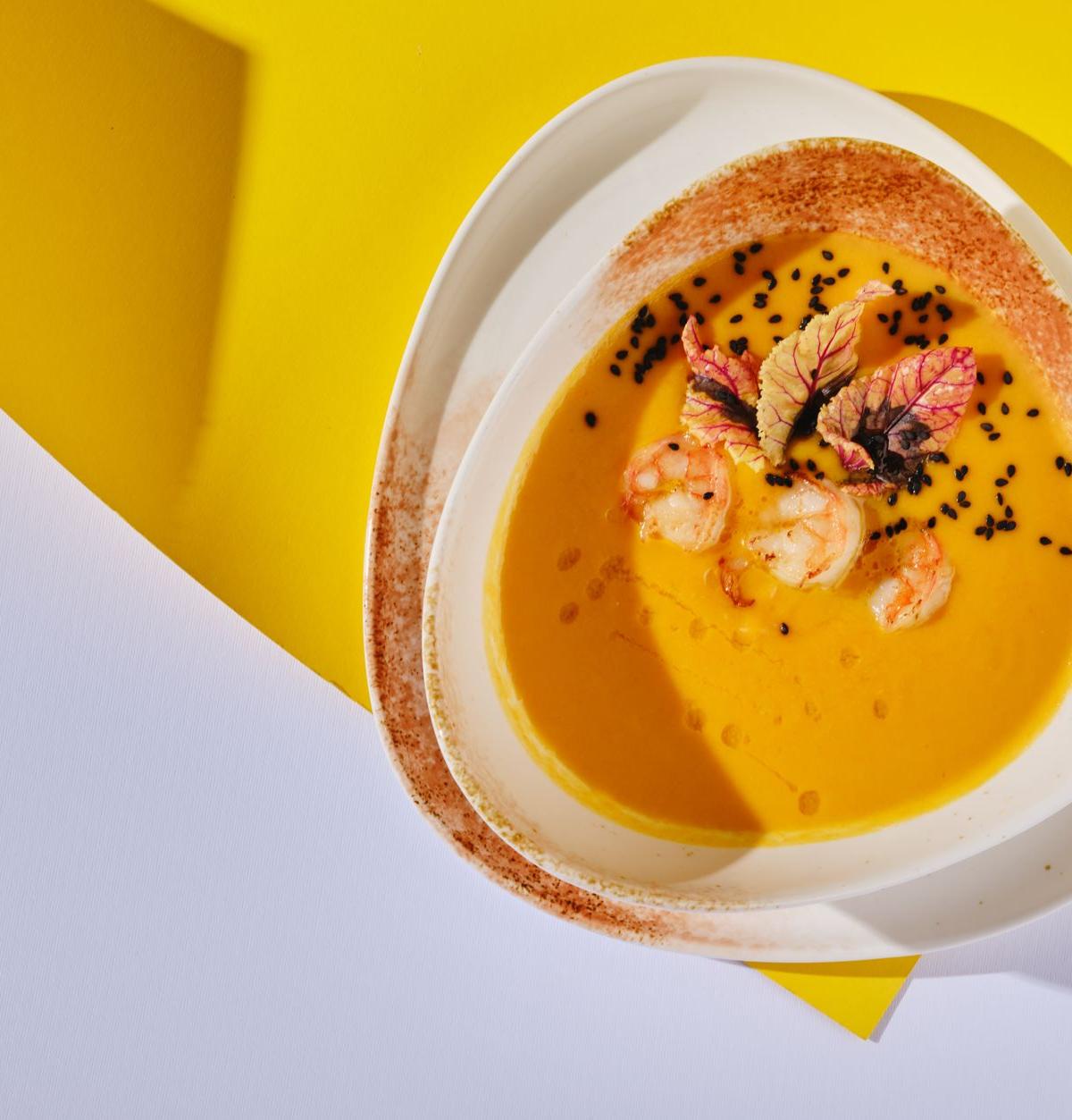 Creamy Pumpkin Soup with Crispy Shrimp