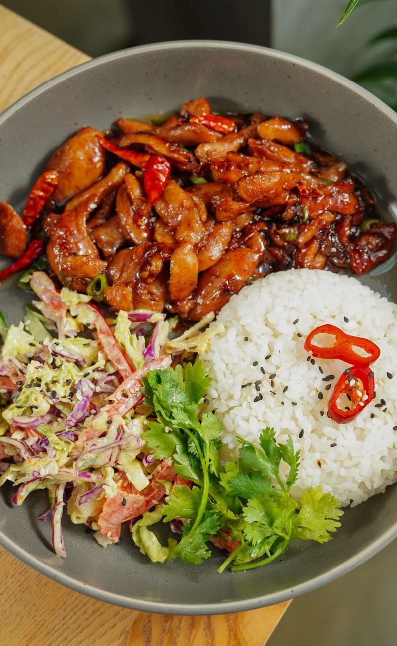Sweet Chili Chicken Thighs with Rice & Slaw