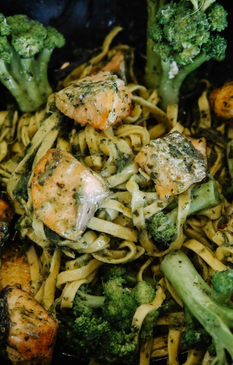 Pesto Salmon with Broccoli & Pasta