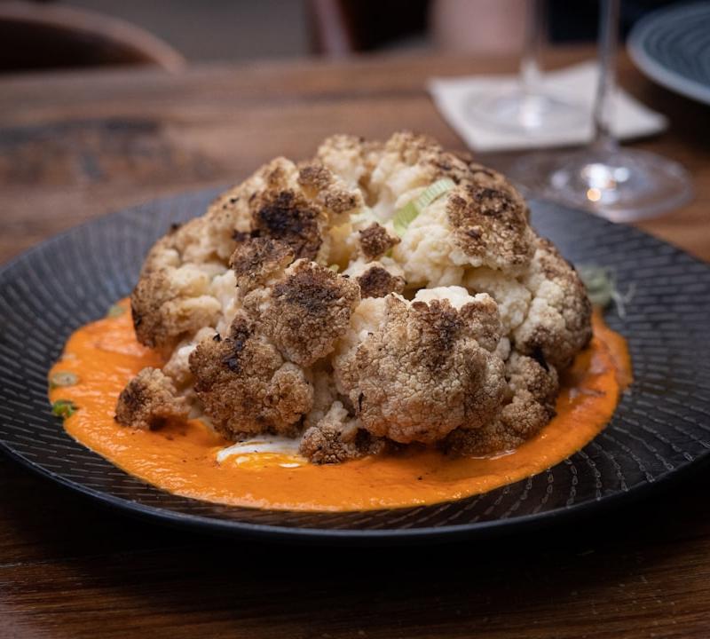 Crispy Parmesan Cauliflower with Red Pepper Sauce
