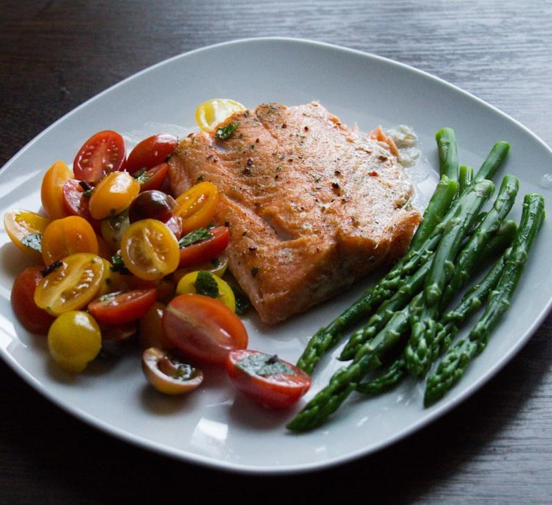 Sheet Pan Salmon & Asparagus with Cherry Tomato Salad